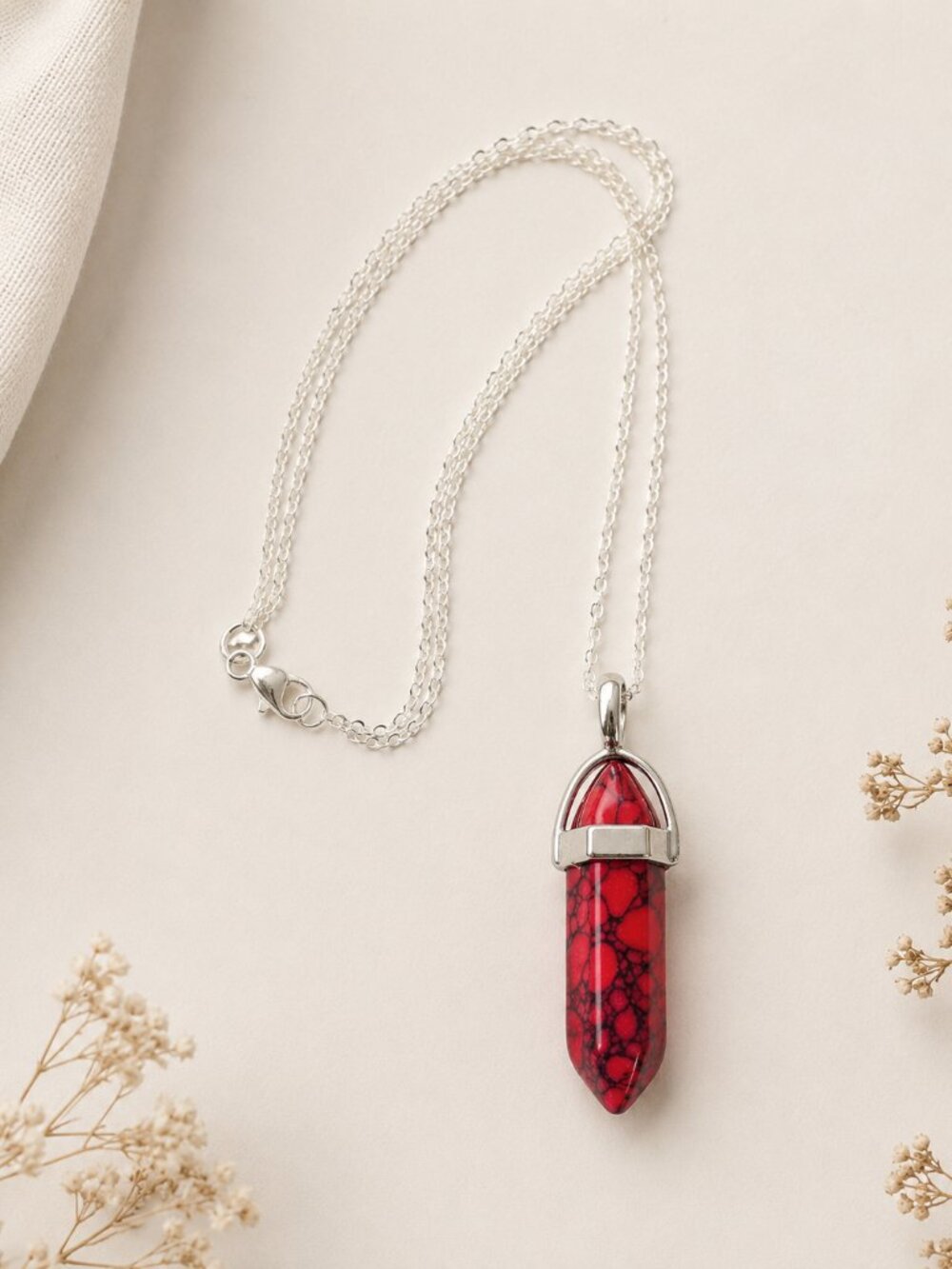 Red Howlite Quartz Bullet Point Pendant Necklace, Unisex, Silver